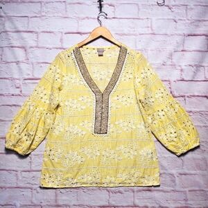 Chicos 1 Tunic Top Womens Medium Embroidered Eyelet Boho Peasant Blouse Beaded